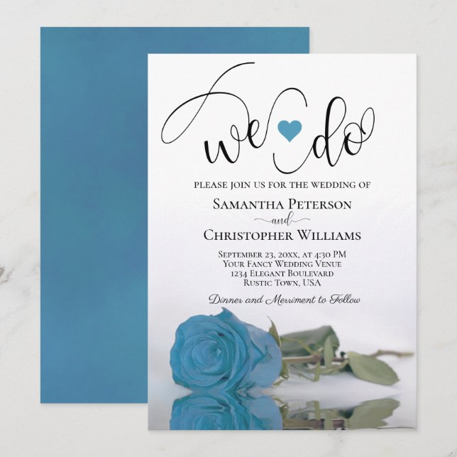We Do Elegant Turquoise Blue Rose Romantic Wedding Invitation (Front/Back)