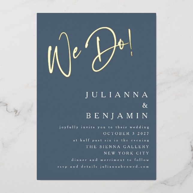 We Do Elegant Wedding Website Dusky Blue Gold (Front)