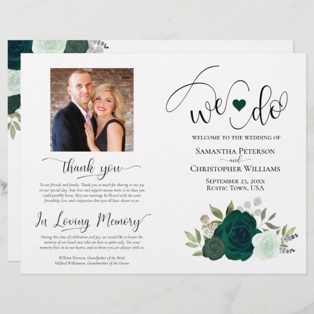 We Do! Emerald Boho Roses DIY Fold Wedding Program (Front/Back)