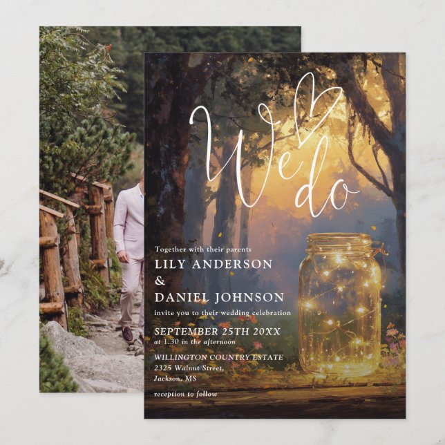 We Do Enchanted Forest Mason Jar Photo Wedding Invitation (Front/Back)