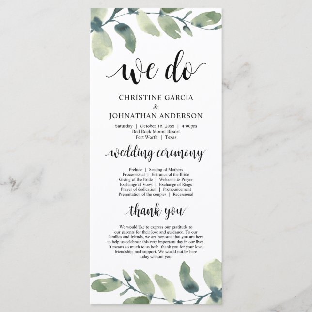 We Do, Eucalyptus Greenery Wedding Ceremony  Program (Front)