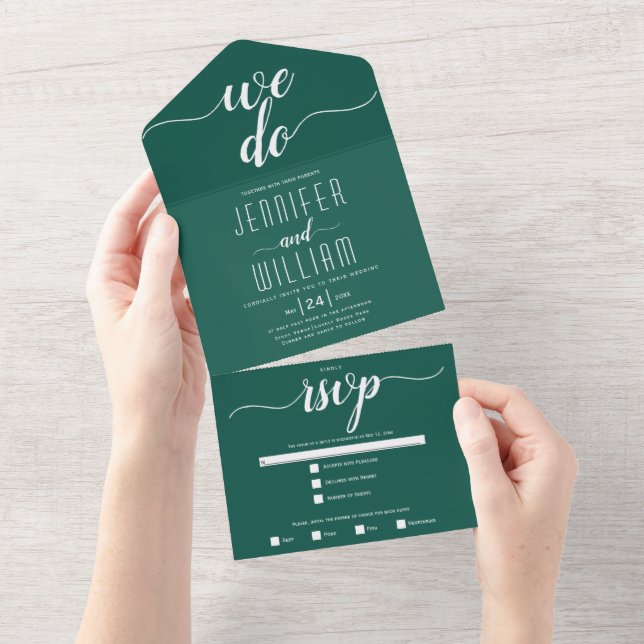 "We do" evergreen green script calligraphy wedding All In One Invitation (Tearaway)