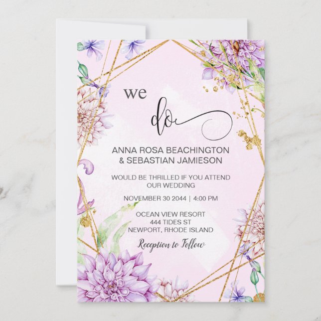 *~* WE DO Geometric RSVP Floral AR15 QR Wedding Invitation (Front)