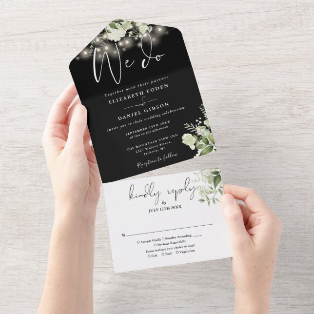 We Do Greenery Floral String Lights Wedding All In One Invitation (Tearaway)