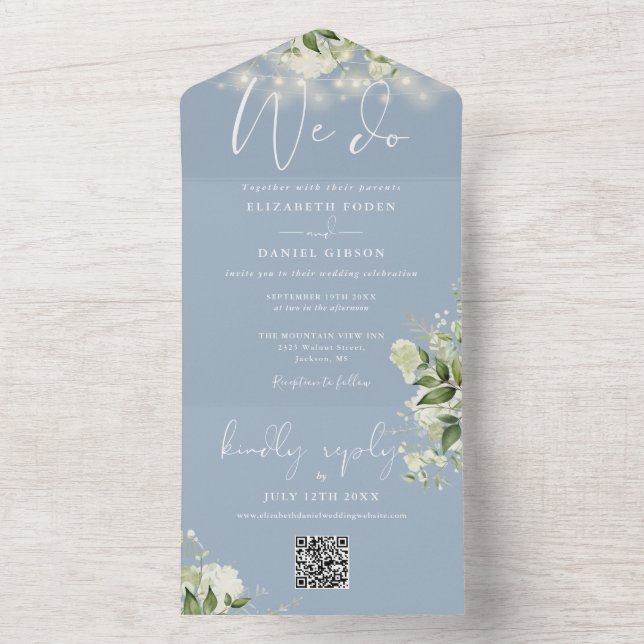 We Do Greenery Lights QR Code Dusty Blue Wedding All In One Invitation (Inside)