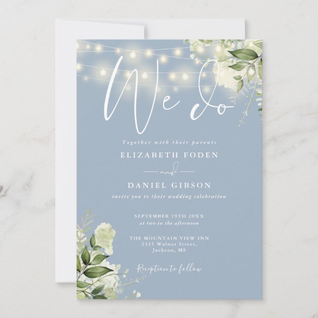 We Do Greenery Lights QR Code Dusty Blue Wedding Invitation (Front)