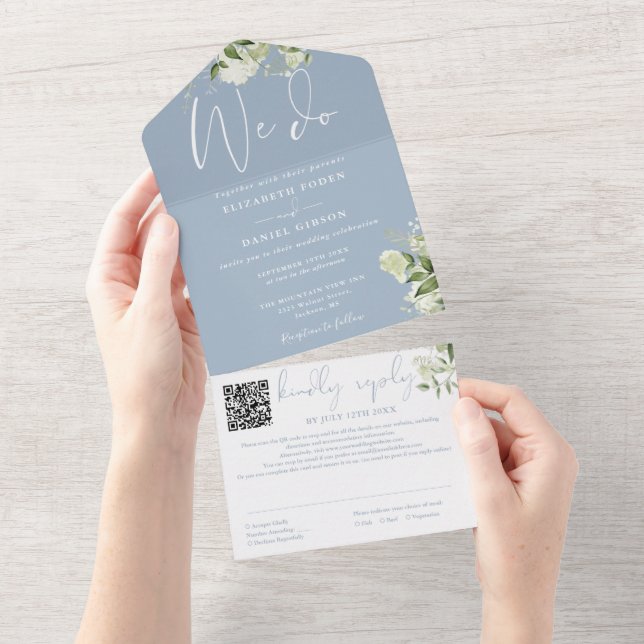 We Do Greenery Monogram QR Code Dusty Blue Wedding All In One Invitation (Tearaway)