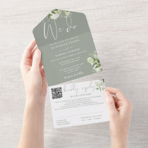 We Do Greenery Monogram QR Code Sage Green Wedding All In One Invitation