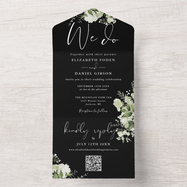 We Do Greenery QR Code Black And White Wedding All In One Invitation (Inside)