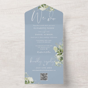 We Do Greenery QR Code Monogram Dusty Blue Wedding All In One Invitation