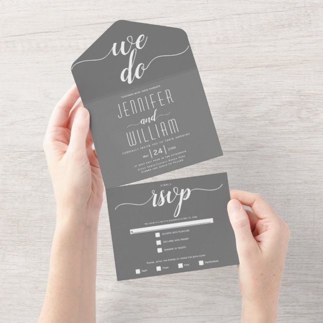 "We do" grey white script calligraphy wedding All In One Invitation (Tearaway)