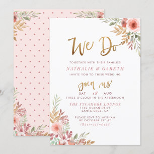 We Do   Hand-Lettered Script & Cute Roses Wedding Invitation