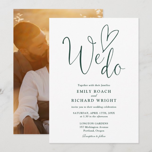 We Do Love Heart Photo Emerald Green Wedding Invitation (Front/Back)