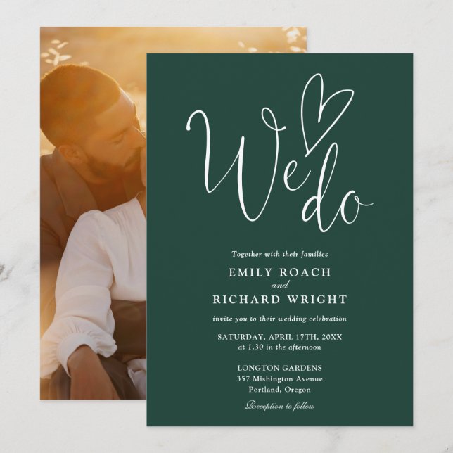 We Do Love Heart Photo Emerald Green Wedding Invitation (Front/Back)