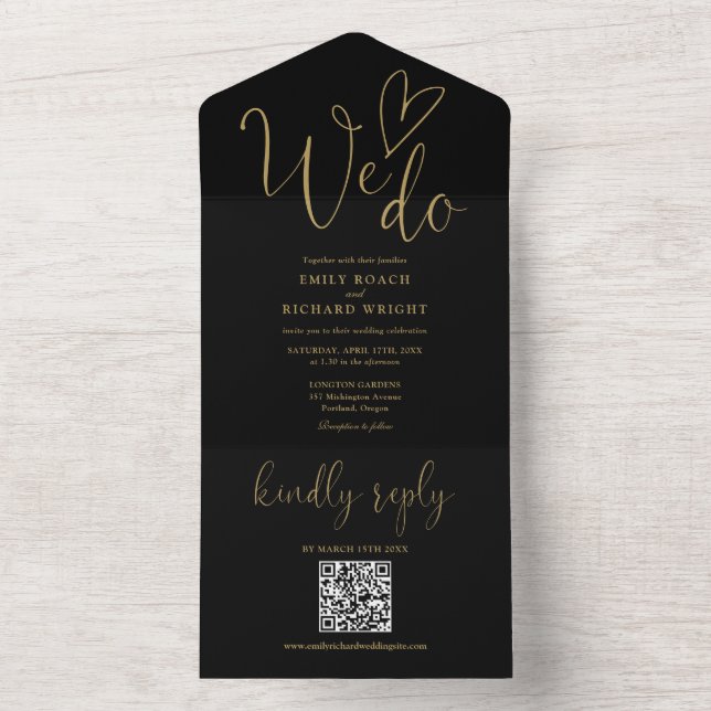 We Do Love Heart QR Code Black And Gold Wedding All In One Invitation (Inside)