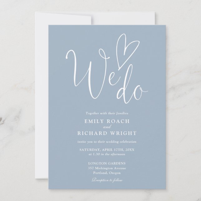 We Do Love Heart QR Code Dusty Blue Wedding Invitation (Front)