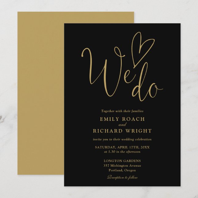We Do Love Heart Script Black And Gold Wedding Invitation (Front/Back)