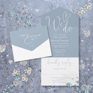 We Do Love Heart Script Dusty Blue Wedding All In One Invitation
