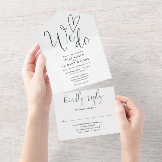 We Do Love Heart Script Emerald Green Wedding All In One Invitation (Tearaway)