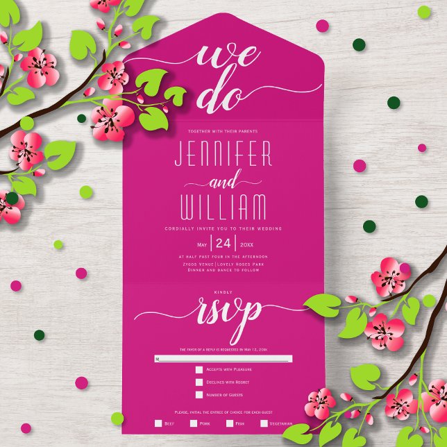 "We do" magenta pink script calligraphy wedding All In One Invitation (Creator Uploaded)