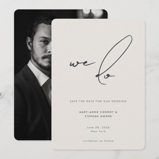 We Do Minimalist Beige Grey Calligraphy Photo Save The Date (Front/Back)