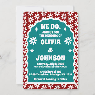 We Do Modern Bold Red Teal Retro Boho Daisy Invitation