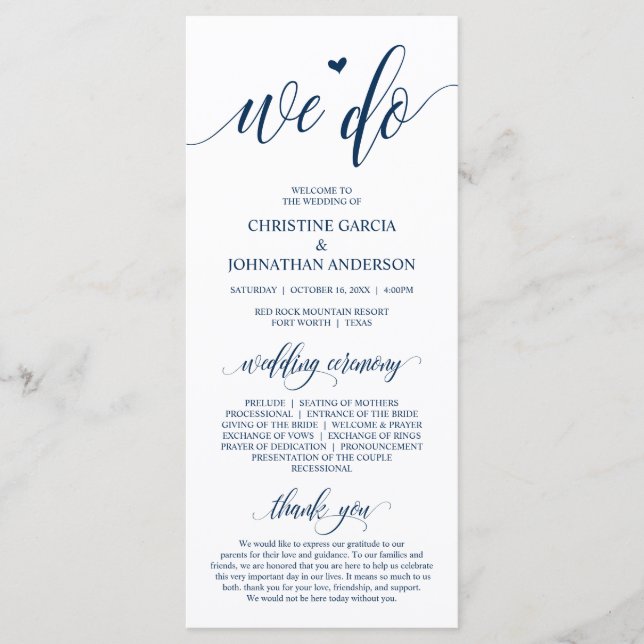 We do, Modern Navy Blue Script, Wedding Ceremony Program (Front)