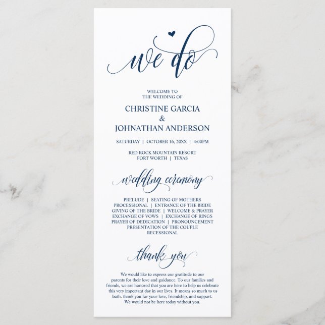 We do, Modern Navy Blue Script, Wedding Ceremony Program (Front)