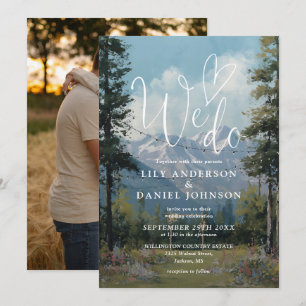 We Do Mountain Floral String Lights Wedding Photo Invitation