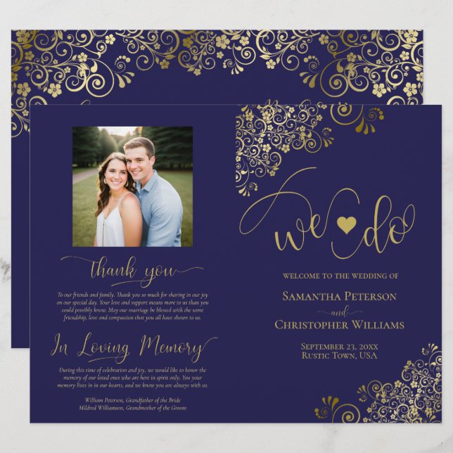 We Do! Navy Blue & Gold DIY Fold Wedding Program (Front/Back)