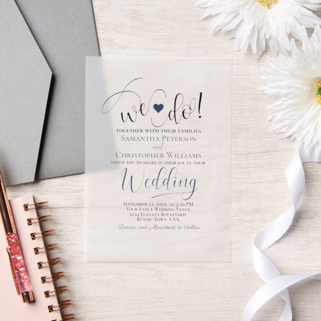 We Do Navy Blue Modern Script & Heart Wedding Vellum Invitations (Wedding)