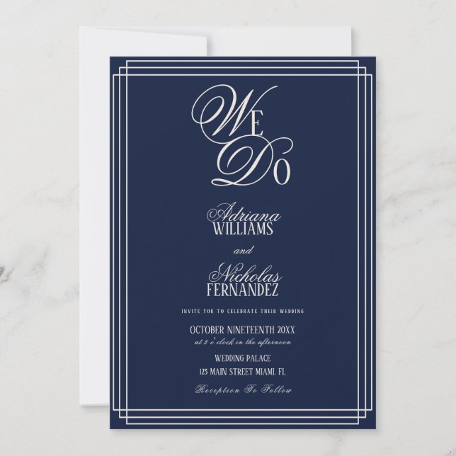 We Do Navy Blue Old Money Wedding Invitation (Front)
