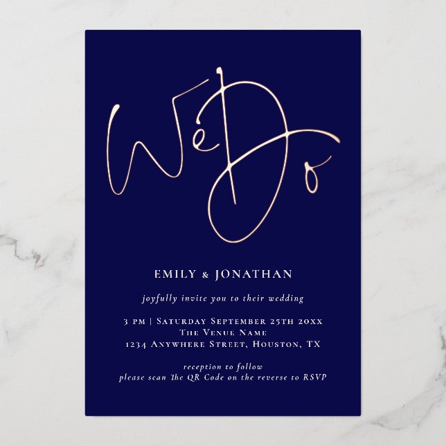 We Do Navy QR Code Rose Gold Real Foil Wedding (Front)