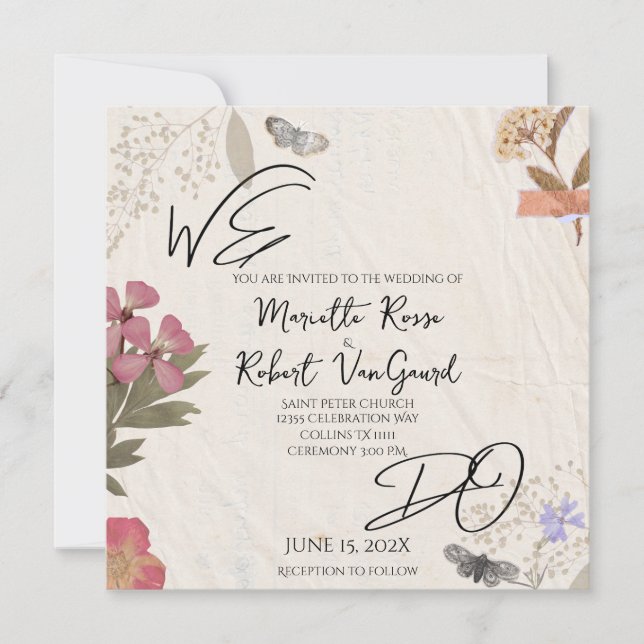 WE DO Pressed Flowers Shabby Garden Chic Wedding  Invitation (Front)