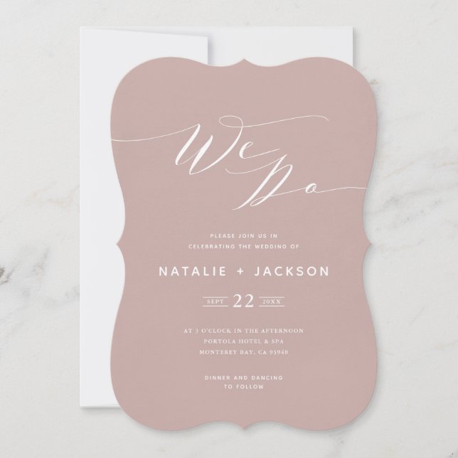 We Do salmon pink script text elegant wedding Announcement (Front)