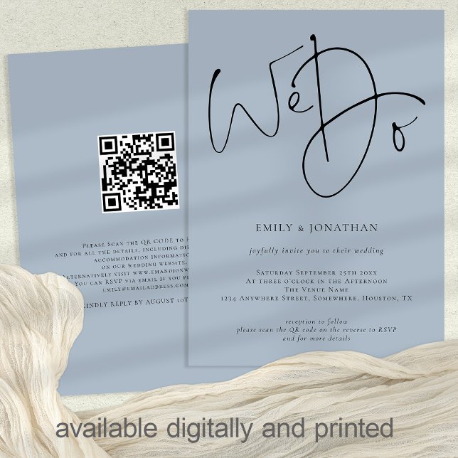 We Do Script Dusty Blue QR Code Wedding Invitation (Creator Uploaded)
