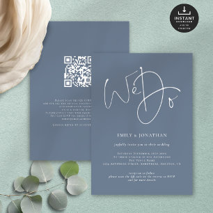 We Do Script Dusty Blue White QR Wedding Invitation