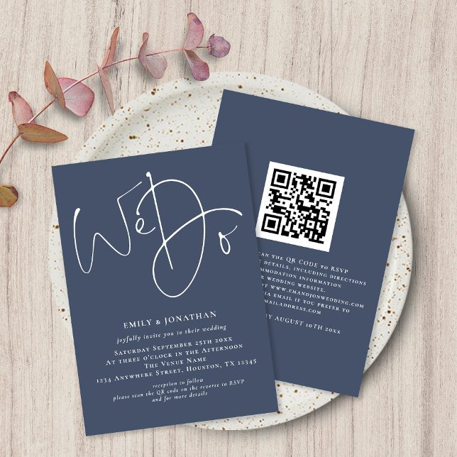 We Do Script Dusty Navy Blue QR Wedding Invitation (Creator Uploaded)