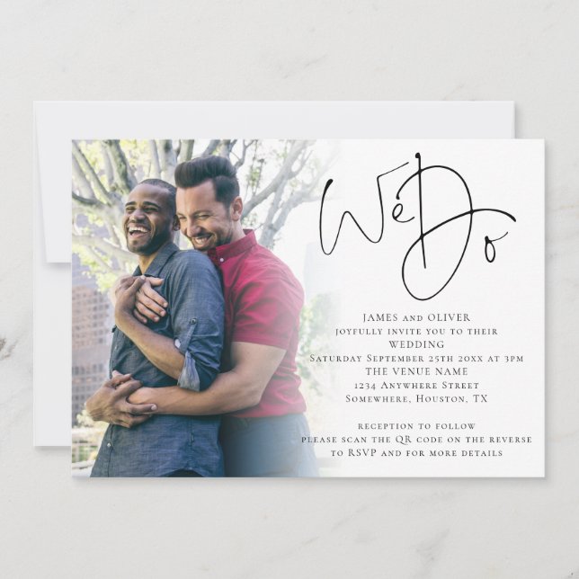 We Do Script Photo QR Code Gay Wedding Invitation (Front)
