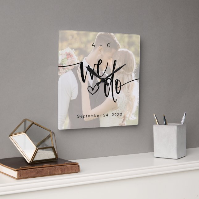 We Do Script Photo Wedding Anniversary Square Wall Clock (Office)
