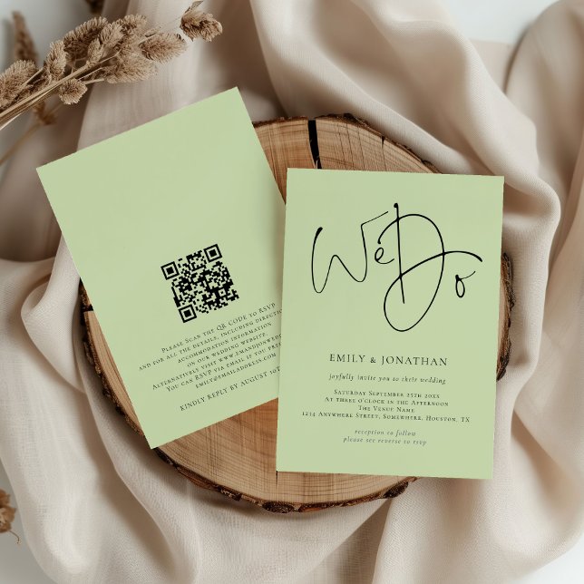 We Do Script QR Code Lime Cream Wedding Invitation (front and back view)