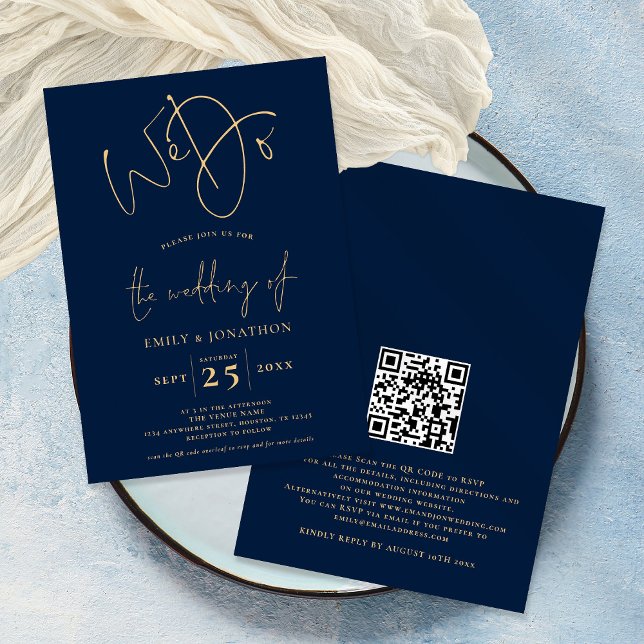 We Do Script QR Code Navy Blue Wedding Invitation (Creator Uploaded)