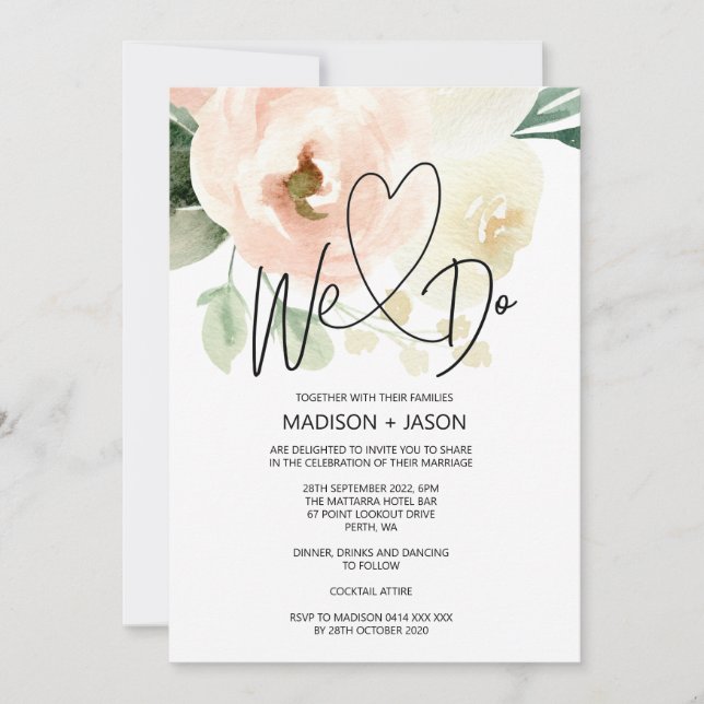 We Do Simple Modern Wedding Blush Floral Invitation (Front)