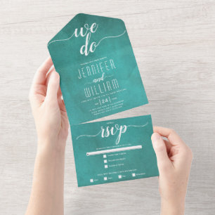 "We do" stained teal blue calligraphy wedding All In One Invitation