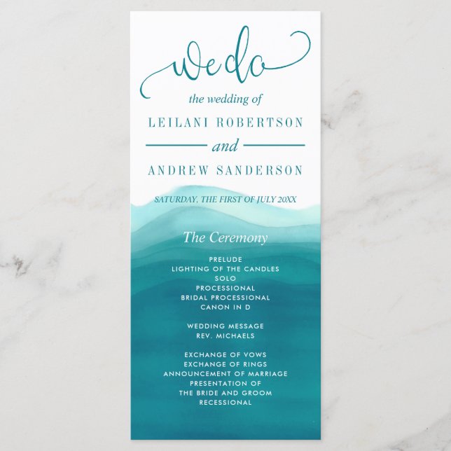 We Do Teal Ombre Watercolor Wave Wedding Program (Front)
