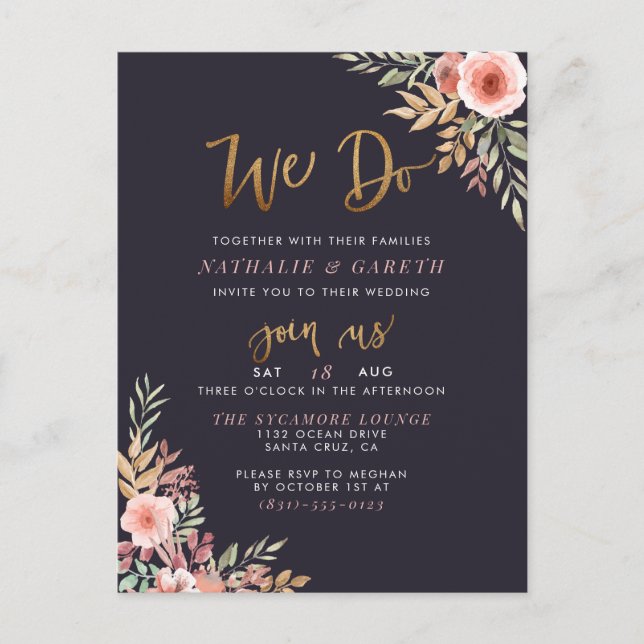 We Do | Watercolor Roses & Modern Script Wedding Invitation Postcard (Front)