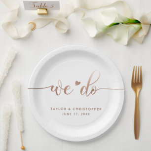 We Do   Wedding Day Modern Metallic Script White Paper Plate