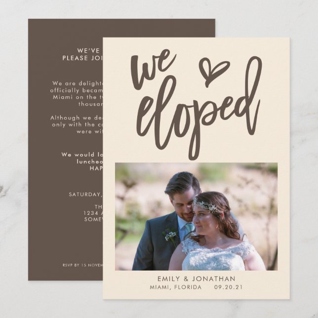 We Eloped Annonce Photo Invitation Crème Brown (Devant / Derrière)