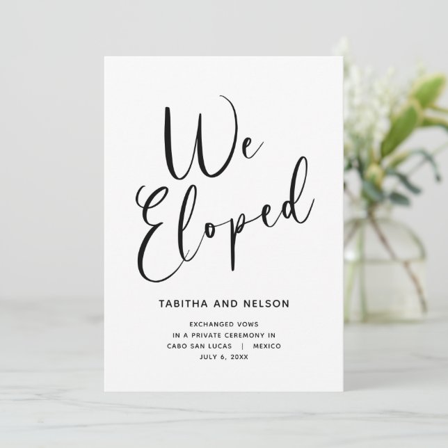 We Eloped Black and White Announcement Photo Card (Standing Front)