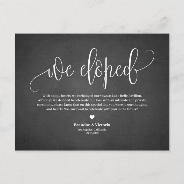 We Eloped | Chalkboard Pretty Script Elopement Announcement Postcard (Front)
